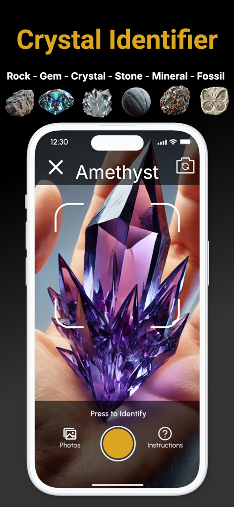 Stone Gem & Crystal Identifier - Smartphone app screen showing a purple amethyst crystal being identified by an AI scanner.