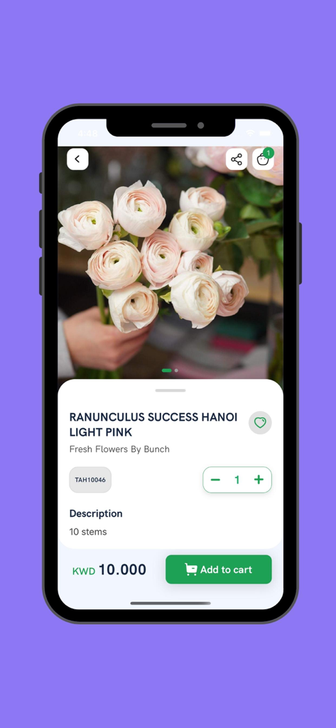 Tahani Flowers - زهور التهاني - Product page of Tahani Flowers app showing a bunch of light pink Ranunculus flowers with pricing and add to cart button