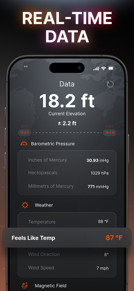 Compass & Coordinates Locator - Echtzeit-Datenanzeige der Kompass-App, die Höhe und Wetter zeigt