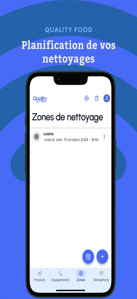 Quality Food - Interfaccia dell'app Quality Food che mostra la gestione delle zone di pulizia della cucina e la pianificazione per la conformità alla sicurezza alimentare.