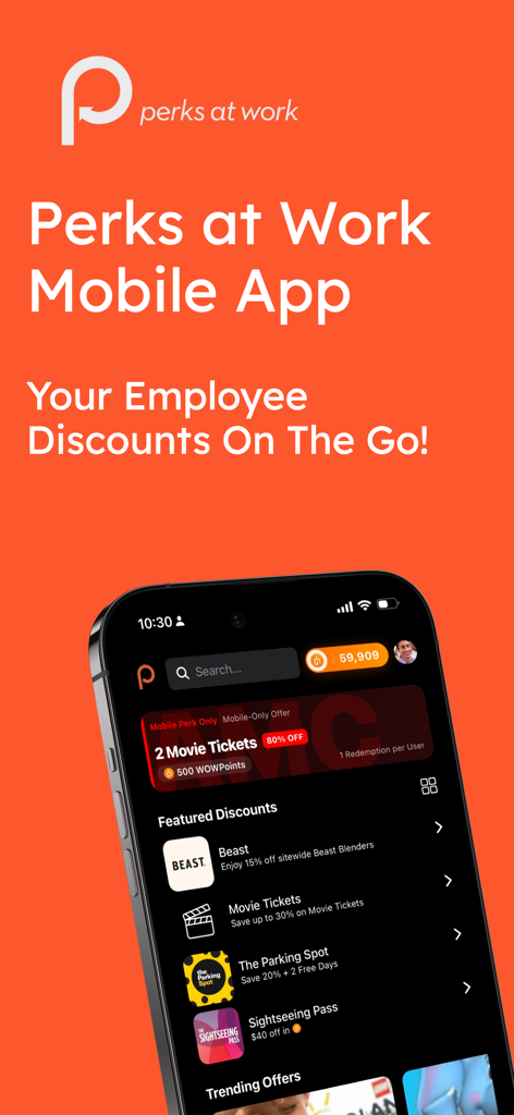 Interfaccia dell'app mobile Perks at Work che mostra sconti per dipendenti sui biglietti del cinema e marchi in primo piano con un saldo WOWPoints.