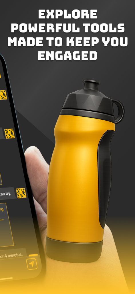 Vai de bem Sports - A yellow sports water bottle next to a hand holding a smartphone displaying the AI fitness chat interface