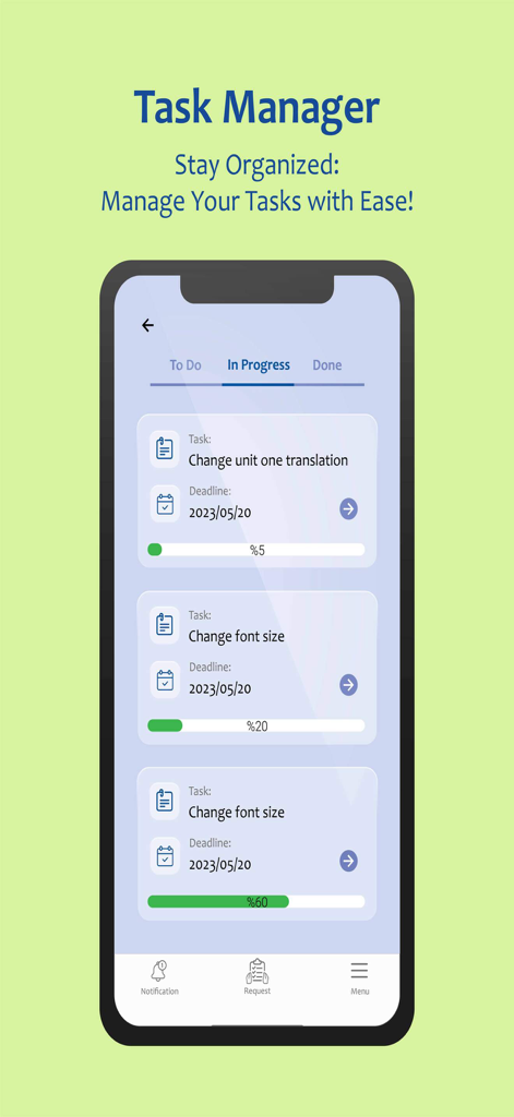 Team MELI - Team MELI app task manager interface showing a list of in progress tasks with progress bars and deadlines