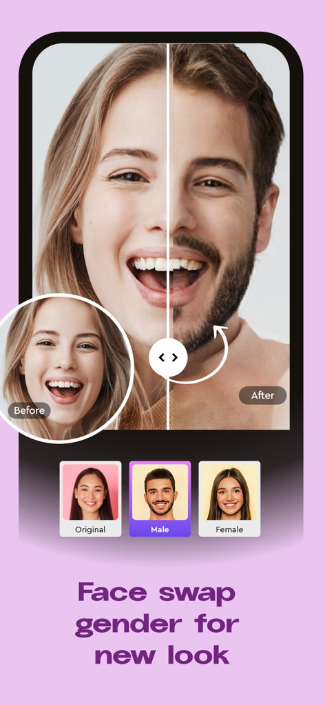 Split screen view of a woman using the AI gender swap filter to see herself as a man