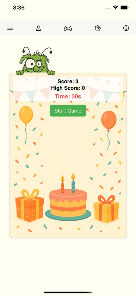 Days until my birthday - Tela do mini-jogo Pegue o Bloopbert com rastreador de pontuação e decorações festivas de aniversário