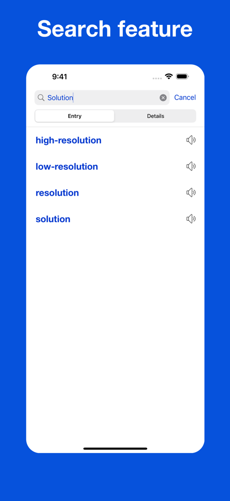 Search screen in the Dictionary of Collocations app displaying search results with pronunciation icons