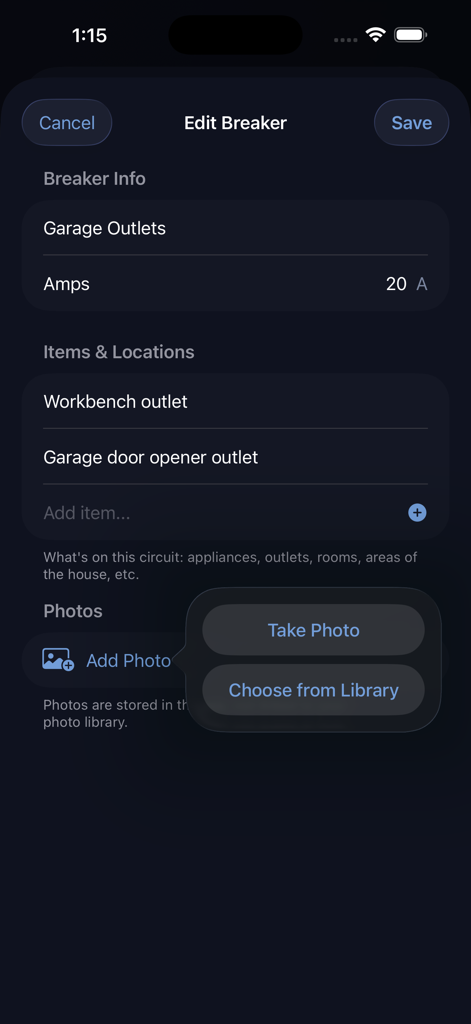 The Edit Breaker screen in FixFolio app showing circuit details for garage outlets and options to add photos.