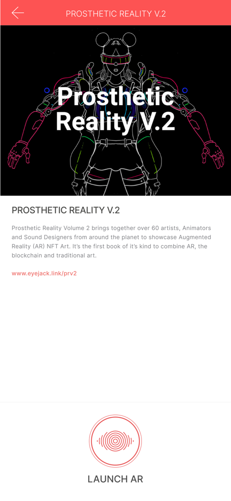 EyeJack - EyeJack app screen displaying the Prosthetic Reality V2 augmented reality art collection
