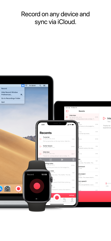 Interface de l'application Just Press Record sur Apple Watch, iPhone, iPad et Mac montrant la fonctionnalité de synchronisation iCloud.