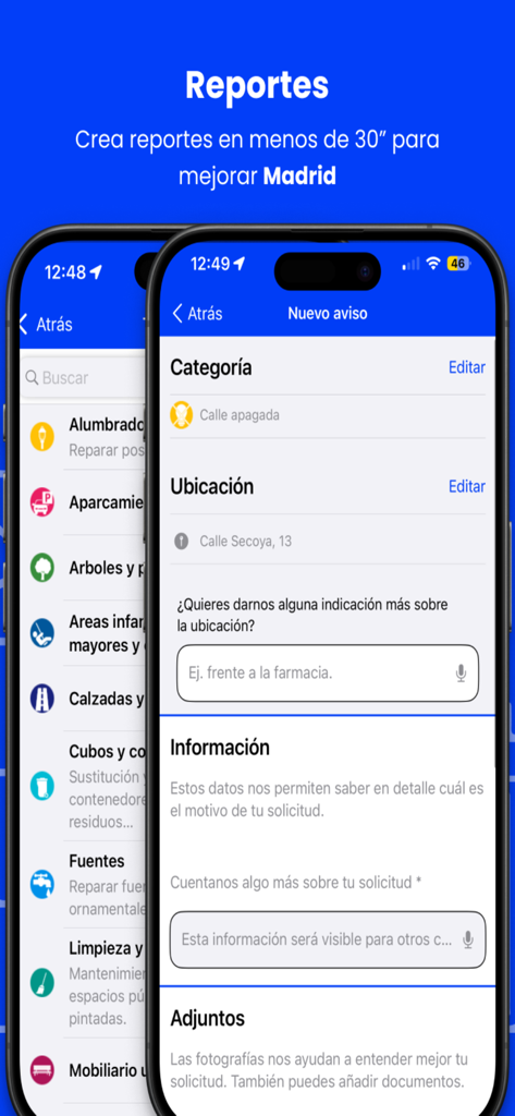 Interfaccia dell'app Madrid Movil per segnalare problemi di manutenzione urbana.