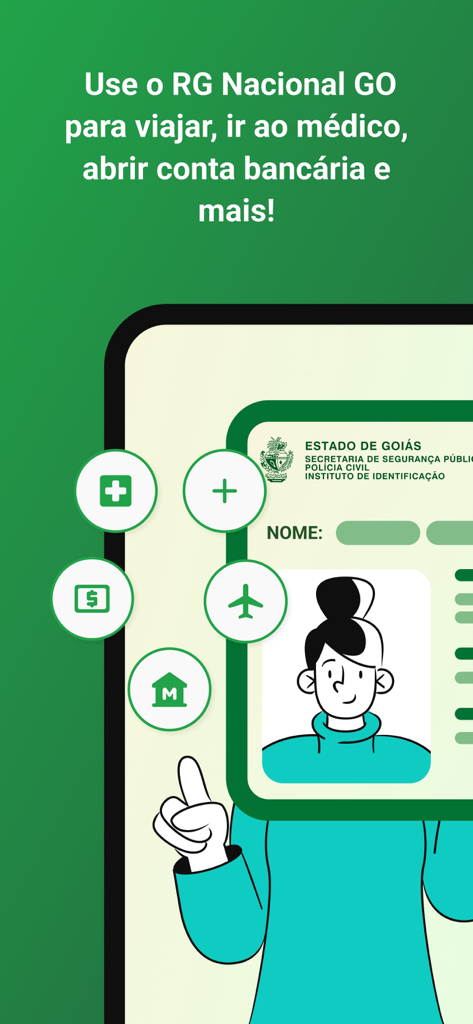 RG Nacional GO - Graphic showing the RG Nacional GO app used for digital identification in Goiás Brazil with icons for travel medical and banking services