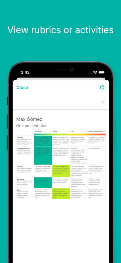 Edvoice - School communication - Una pantalla móvil que muestra una rúbrica de evaluación de estudiantes para una presentación oral en la aplicación Edvoice