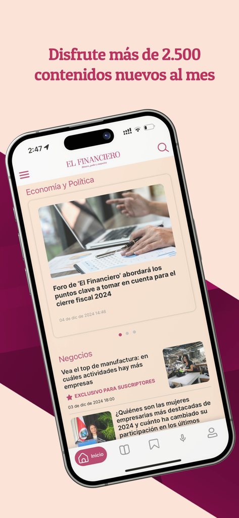 Mobile interface of El Financiero Costa Rica app showing economy and business news articles