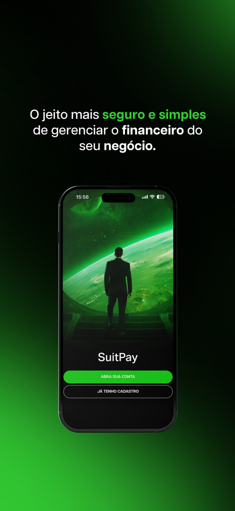 SuitPay - Tela de boas-vindas do aplicativo financeiro de negócios móvel SuitPay com um design profissional em verde.