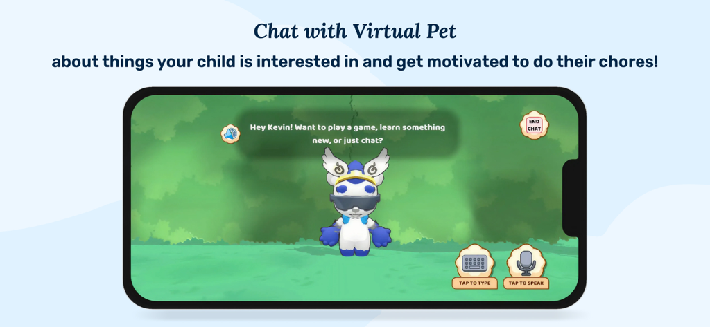 Interactive chat interface with a virtual pet in the Joon behavioral management app for kids.