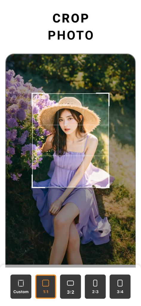 PhotoCut mobile app interface showing a crop tool with aspect ratio options and a portrait of a woman