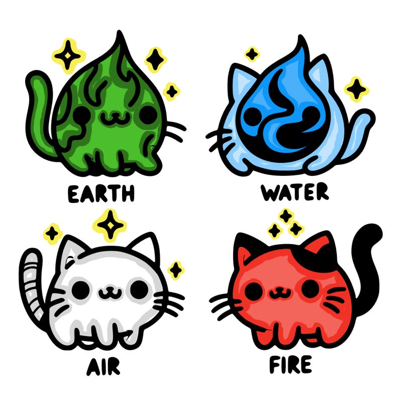 4 cats that represent the different elements, earth, water, air, and fire