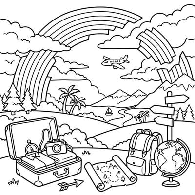 Dive into a whimsical vacation scene where adventure meets the magic of broken rainbows. This delightful coloring page is packed with travel essentials, ready for your creative touch.