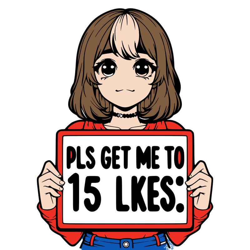 realistic girl holding up a sign that says “pls get me to 15 likes!”