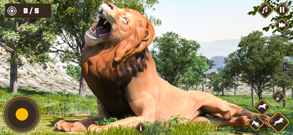 Un león 3D realista rugiendo en un entorno de jungla con controles de juego móvil