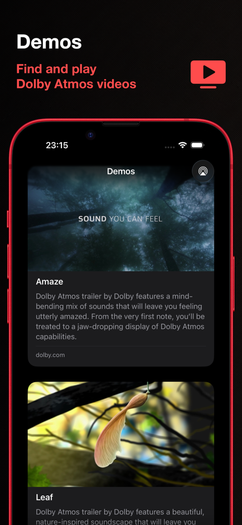 Sound test for Dolby Atmos - Galerie mit Dolby Atmos Demovideos in der Sound Test App