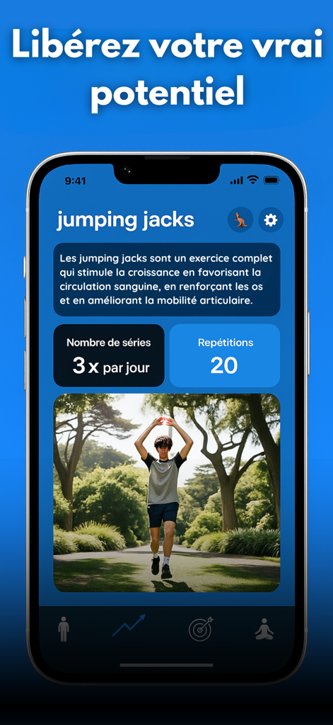 Grandir App-Oberfläche, die einen Jumping Jacks-Trainingsplan zur Optimierung des Höhenwachstums zeigt