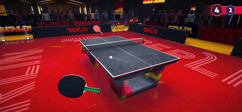 Partido multijugador de tenis de mesa 1 contra 1 en la arena virtual de Berlín de Ping Pong Fury