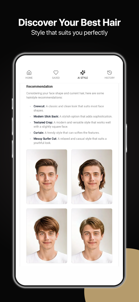 Men's Hairstyles - Face Guide - 顔型分析に基づいた男性のAI駆動ヘアスタイルのおすすめとヘアカットの例を示すモバイルアプリのインターフェース。