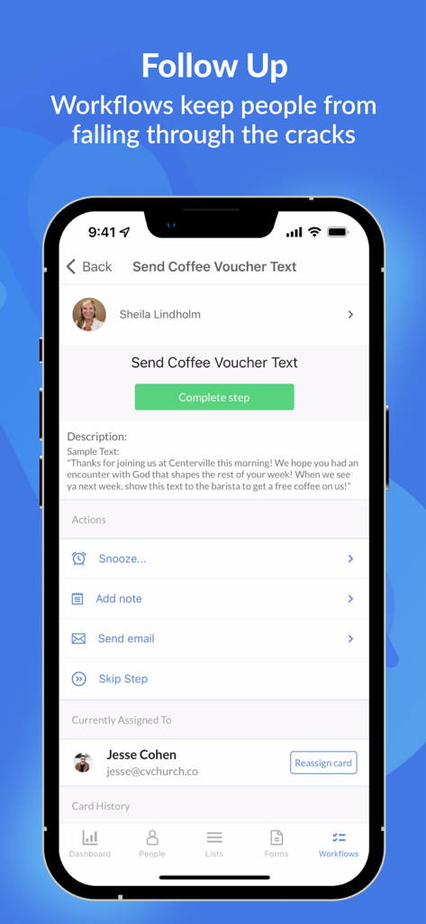 Ein Smartphone-Bildschirm zeigt einen Workflow zur Nachverfolgung von Kirchenmitgliedern in der Planning Center People App