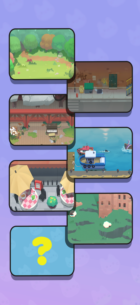 Push Push Cat - A showcase of various colorful environmental themes and levels available in Push Push Cat