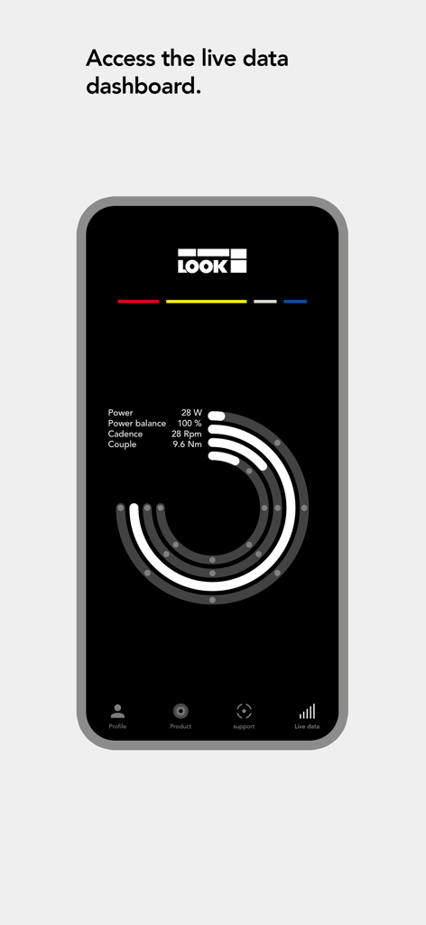 Panel de datos en vivo de la aplicación LOOK CYCLE que muestra métricas en tiempo real de potencia, cadencia y equilibrio de potencia