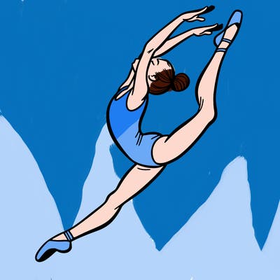 gymnast doing a leap in a leotard with a bent back leg