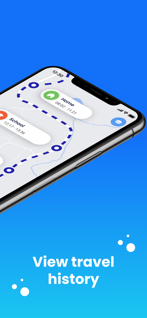 NaviMax - Location sharing - NaviMax app interface on a smartphone screen showing a travel history map with timestamps for home and school locations