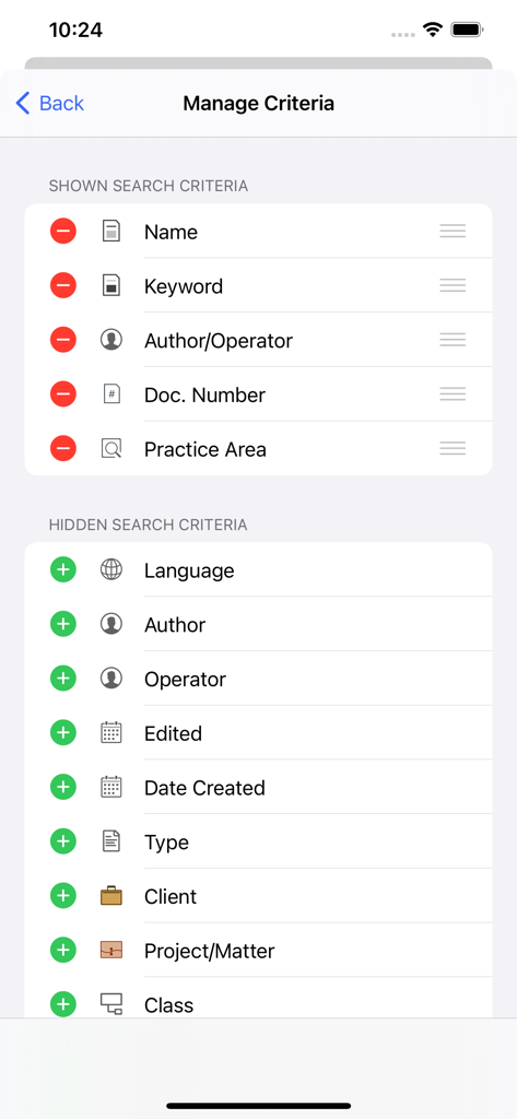 iManage Work 10 For Intune - Interface of iManage Work 10 For Intune showing search criteria management with options to show or hide fields like Name Keyword and Client