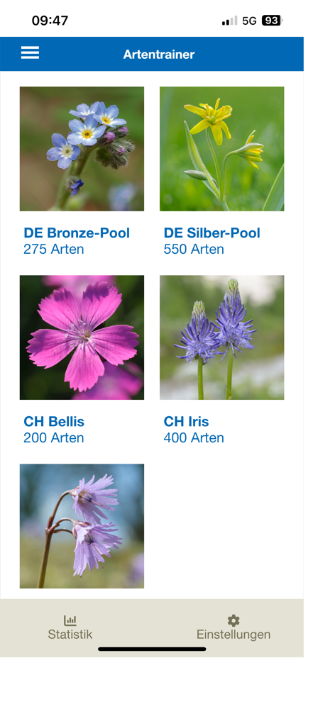 The species trainer interface of the Feldbotanik app showing different plant identification training levels including Bronze and Silver pools