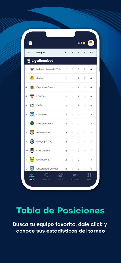 Liga Ecuabet - Liga Ecuabet mobile app displaying the soccer league standings and team rankings