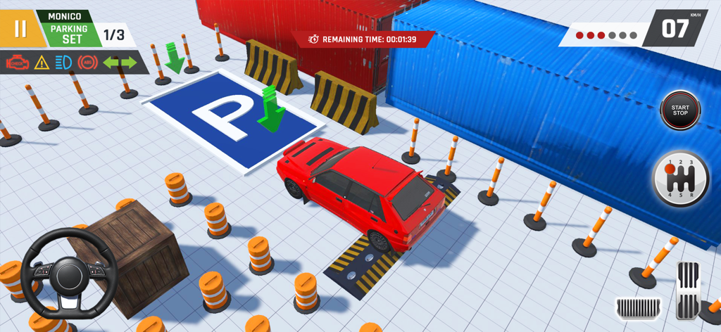 A red car navigating through an obstacle course towards a blue parking space in a 3D simulation game.