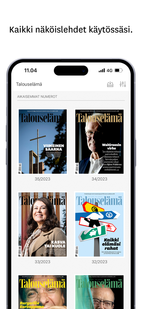 Talouselämä - Talouselama app displaying a selection of digital magazine covers in the archive.