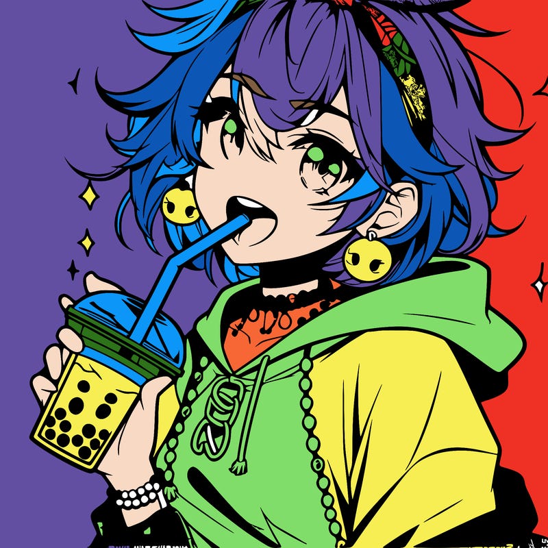 hot baddie anime girl drinking boba and biting the straw