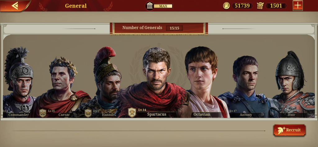 Great Conqueror: Rome - Selection menu featuring historical generals like Caesar and Spartacus in Great Conqueror Rome