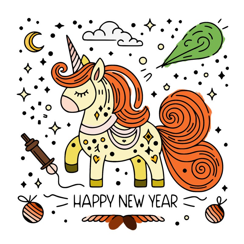 happy new year illustration calligraphic style outline; thin lines; light colors