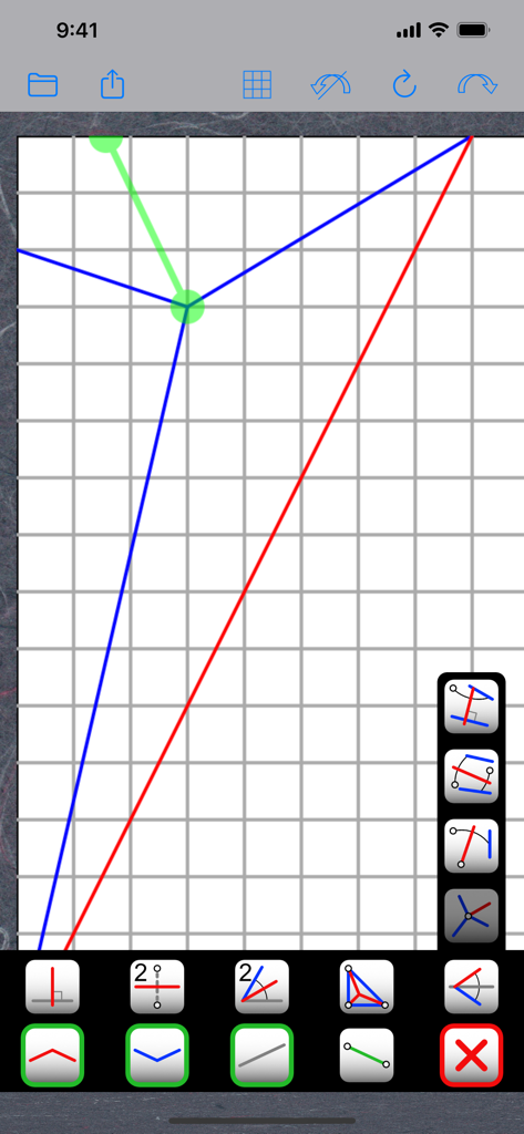 OrigamiDraw - Interfaz de la aplicación móvil OrigamiDraw para dibujar patrones de pliegues en una cuadrícula