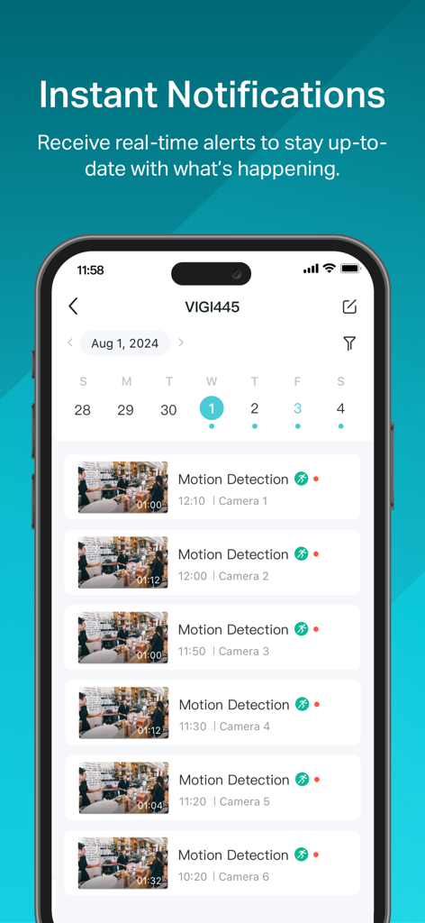 TP-Link VIGI - TP-Link VIGI app showing a list of motion detection alerts from multiple business surveillance cameras with timestamps.