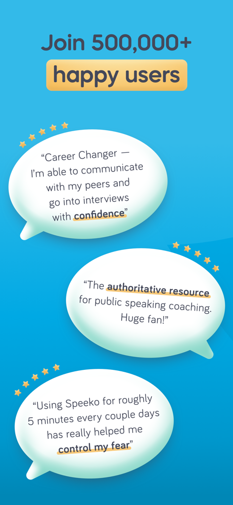User testimonials for Speeko public speaking app showing five star reviews and positive feedback about career confidence and overcoming fear