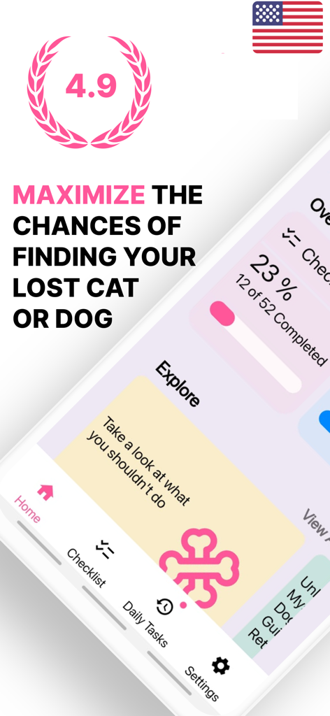 Paw Guide: Lost & Found Pets - Paw Guide app screen showing search progress and tips to find lost pets.