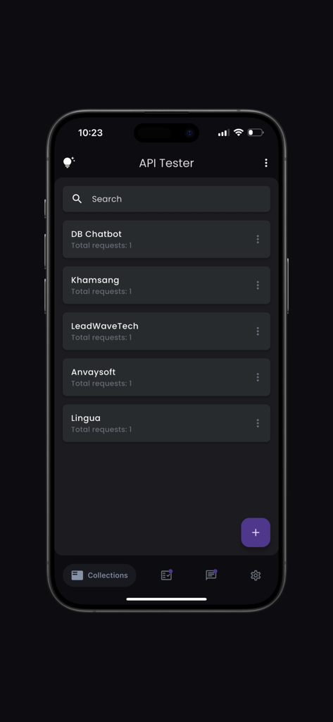 API Tester(Pro) - API Tester Pro collections dashboard showing a list of developer projects and search bar on a dark UI