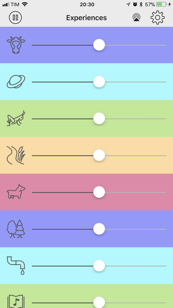 Noisly app interface showing various ambient sound volume sliders with icons for mixing custom background noise