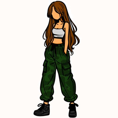 girl in baggy pants crop top and long hair