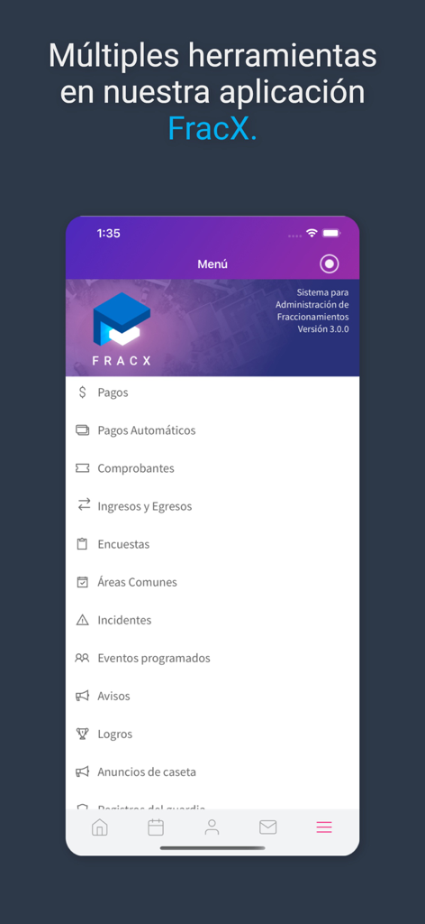 FracX Net - Menu dell'app mobile FracX Net con opzioni di gestione residenziale