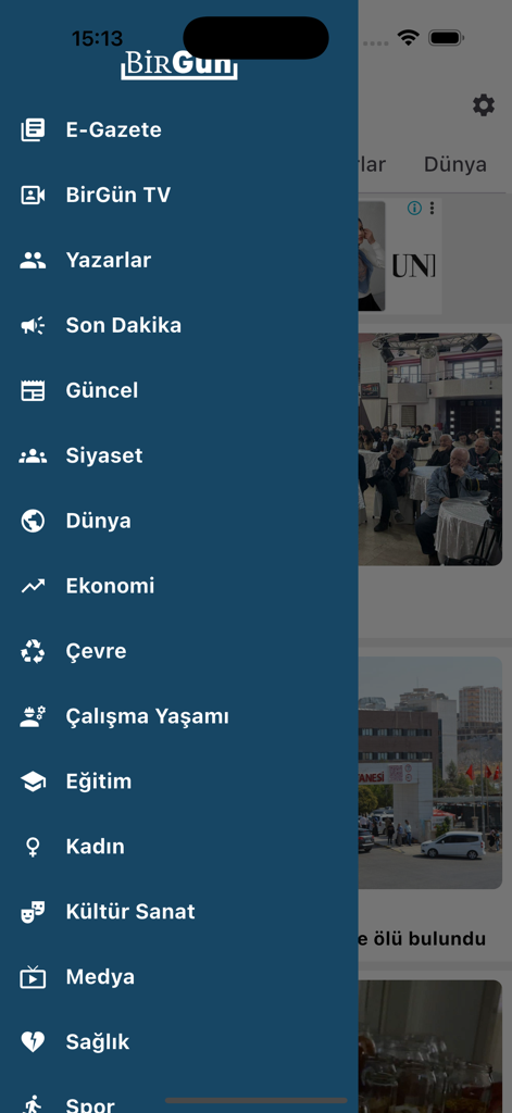 Menu de navigation de l'application Birgun Gazetesi avec les catégories d'actualités